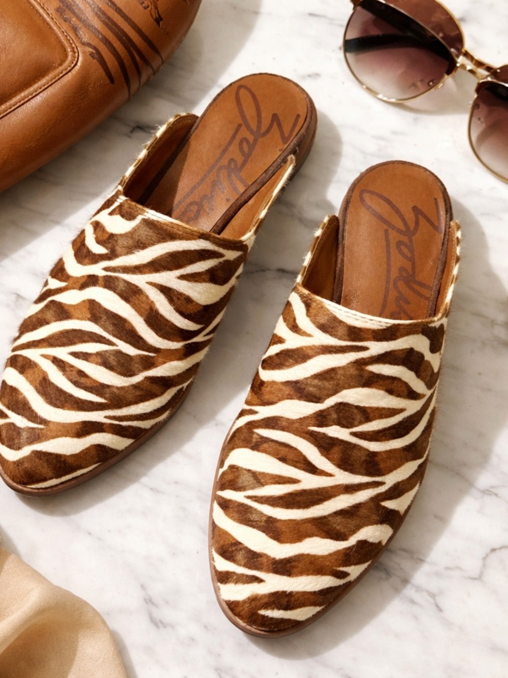 Zodiac Leather Cow Hair Zebra Print Sz 6 Brown Cream Slip On Mules Western Chic